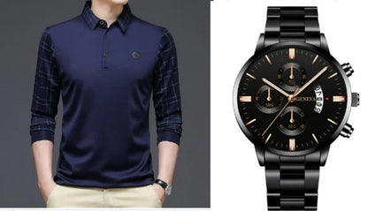 Religari Original Long-Sleeve Polo Shirt with Unique Sleeve & Collar Design (Includes a Free Geneva Watch)