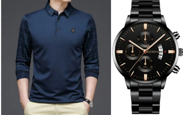 Religari Original Long-Sleeve Polo Shirt with Unique Sleeve & Collar Design (Includes a Free Geneva Watch)