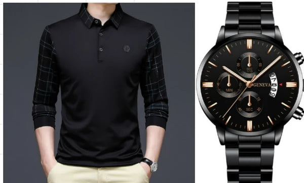 Religari Original Long-Sleeve Polo Shirt with Unique Sleeve & Collar Design (Includes a Free Geneva Watch)