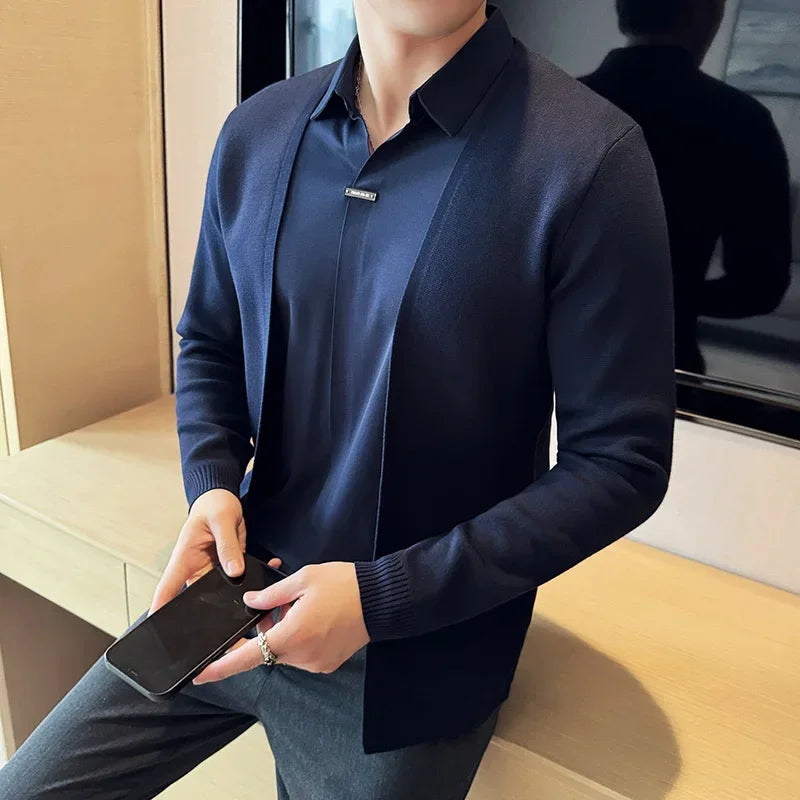 (KIT ÉLEGANCE SUPREME QUALITY A+) CAMISA JOHN KARLO PREMIUM CON EFECTO CARDIGAN Y DISEÑO DE SUPERPOSICIÓN + RELOJ DE LUJO A PRUEBA DE AGUA MARCA CURREN ORIGINAL
