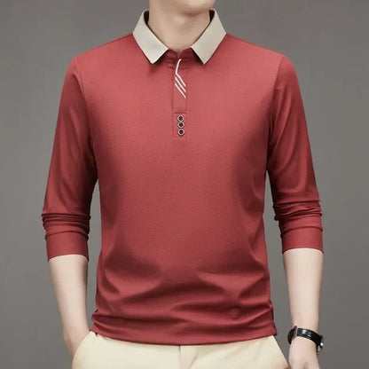 John Karlo Long-Sleeve Minimalist Polo Shirt with Sophisticated Collar (Get a Free Deyros Luxury Quartz Watch)