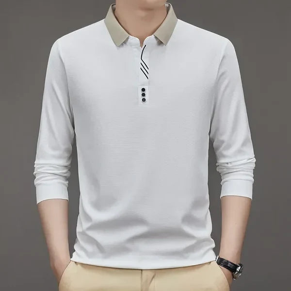 John Karlo Long-Sleeve Minimalist Polo Shirt with Sophisticated Collar (Get a Free Deyros Luxury Quartz Watch)