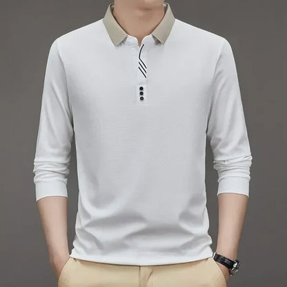 John Karlo Long-Sleeve Minimalist Polo Shirt with Sophisticated Collar (Get a Free Deyros Luxury Quartz Watch)
