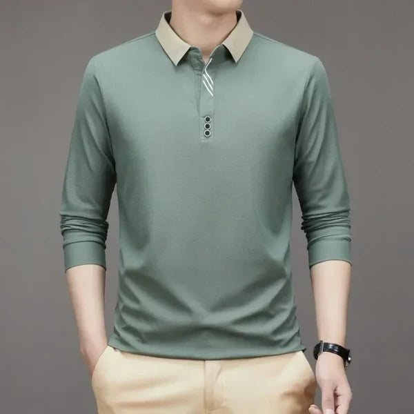 John Karlo Long-Sleeve Minimalist Polo Shirt with Sophisticated Collar (Get a Free Deyros Luxury Quartz Watch)
