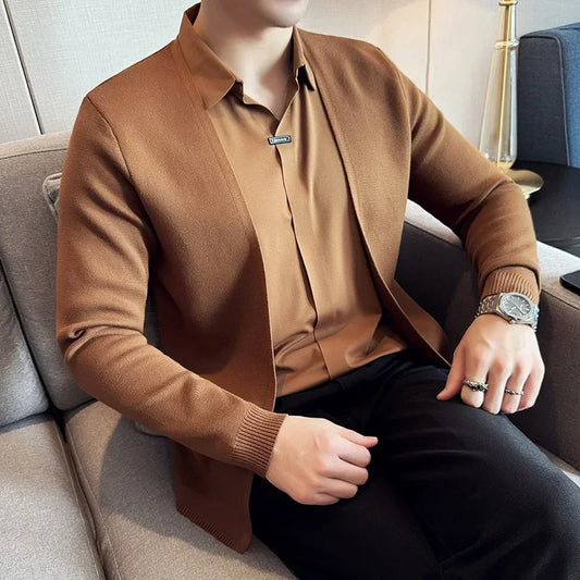 (KIT ÉLEGANCE SUPREME QUALITY A+) CAMISA JOHN KARLO PREMIUM CON EFECTO CARDIGAN Y DISEÑO DE SUPERPOSICIÓN + RELOJ DE LUJO A PRUEBA DE AGUA MARCA CURREN ORIGINAL