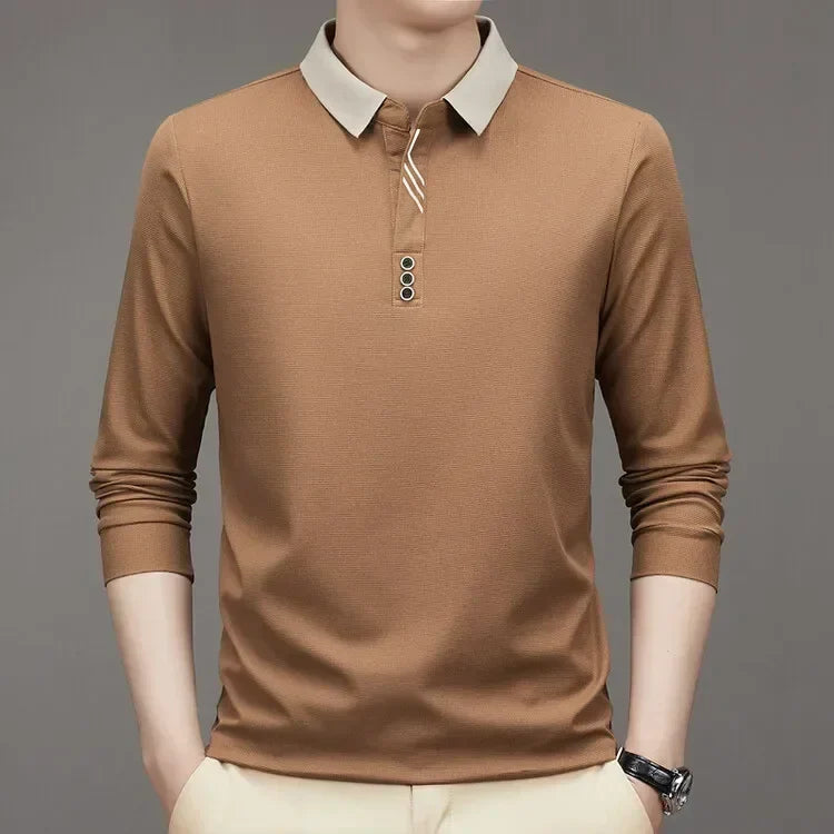 John Karlo Long-Sleeve Minimalist Polo Shirt with Sophisticated Collar (Get a Free Deyros Luxury Quartz Watch)